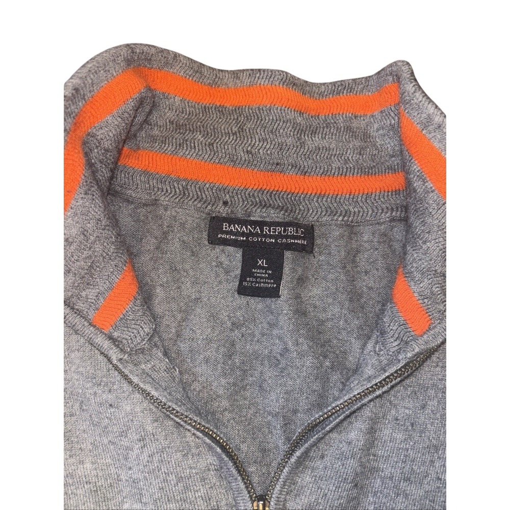 Banana Republic Mens XL Gray Cotton Cashmere Quarter Zip Sweater Orange Trim